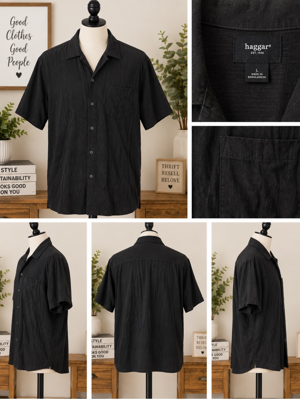 Haggar Men's Black Short-Sleeve Button-Down Camp Shirt